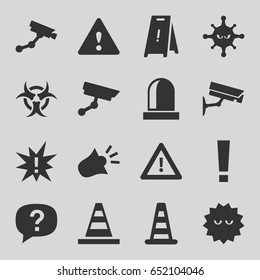 Attention icons set. set of 16 attention filled icons such as cone barrier, security camera, wet floor, cone, bacteria, warning, siren, security camera, hazzard, exclamation