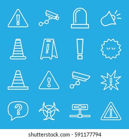 attention icons set. Set of 16 attention outline icons such as cone barrier, Security camera, wet floor, cone, bacteria, warning, siren, security camera, hazzard, exclamation