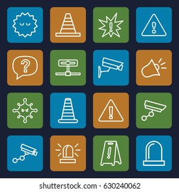 Attention icons set. set of 16 attention outline icons such as cone barrier, siren, security camera, wet floor, cone, bacteria, warning, security camera, exclamation