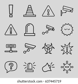 Attention icons set. set of 16 attention outline icons such as siren, security camera, cone, bacteria, warning, security camera, hazzard, exclamation, camera