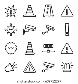 Attention icons set. set of 16 attention outline icons such as cone barrier, siren, security camera, wet floor, cone, bacteria, warning, security camera, exclamation, camera