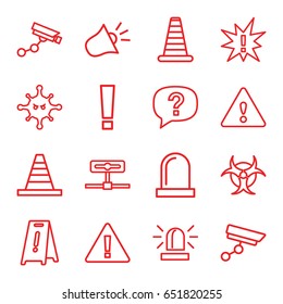 Attention icons set. set of 16 attention outline icons such as cone barrier, siren, security camera, wet floor, cone, bacteria, warning, security camera, hazzard, exclamation