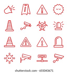 Attention icons set. set of 16 attention outline icons such as cone barrier, siren, security camera, wet floor, cone, bacteria, warning, security camera, hazzard