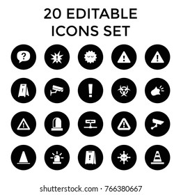 Attention icons. set of 20 editable filled attention icons such as wet floor, cone, warning, bacteria, exclamation, camera, exclamation point, siren, security camera