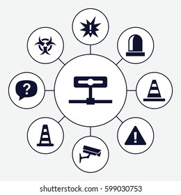 attention icons set. Set of 9 attention filled icons such as cone barrier, cone, siren, security camera, hazzard, exclamation, warning