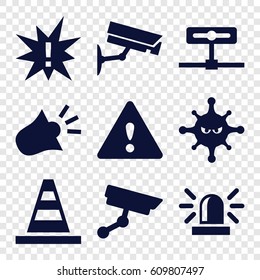 Attention icons set. set of 9 attention filled icons such as siren, cone, bacteria, warning, security camera, exclamation