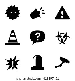 Attention icons set. set of 9 attention filled icons such as Security camera, cone, bacteria, siren, warning, hazzard