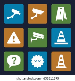Attention icons set. set of 9 attention filled icons such as cone barrier, security camera, wet floor, cone, bacteria, warning, security camera