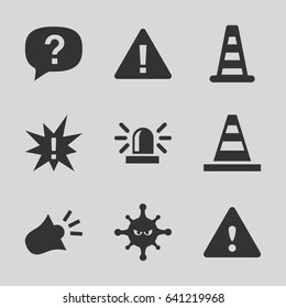 Attention icons set. set of 9 attention filled icons such as cone barrier, siren, cone, bacteria, warning