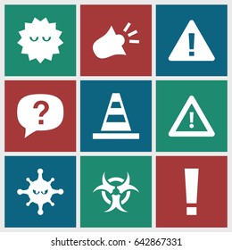 Attention icons set. set of 9 attention filled icons such as cone, bacteria, warning, siren, hazzard, exclamation
