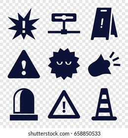 Attention icons set. set of 9 attention filled icons such as cone barrier, wet floor, bacteria, warning, siren, exclamation
