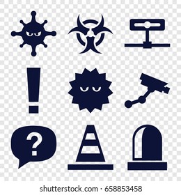 Attention icons set. set of 9 attention filled icons such as security camera, cone, bacteria, siren, hazard, exclamation, camera