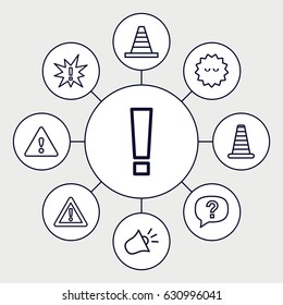 Attention icons set. set of 9 attention outline icons such as cone barrier, cone, bacteria, warning, siren, exclamation
