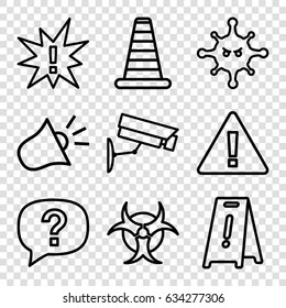 Attention icons set. set of 9 attention outline icons such as cone barrier, wet floor, bacteria, siren, security camera, hazzard, warning