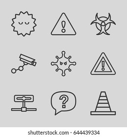 Attention icons set. set of 9 attention outline icons such as security camera, cone, bacteria, warning, hazzard, exclamation