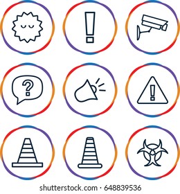 Attention icons set. set of 9 attention outline icons such as cone barrier, cone, bacteria, siren, security camera, hazzard, warning, exclamation