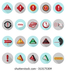 Attention icons set in flat design with long shadow. Illustration EPS10