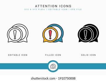 Los iconos de atención establecen la ilustración vectorial con estilo de línea de icono sólido. Concepto de alerta de marca de exclamación. Icono de trazo editable en fondo aislado para diseño web, interfaz de usuario y aplicación móvil