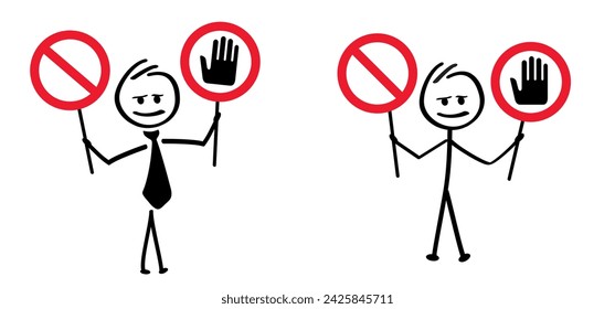 Attention, illegal, wrong or false information. Forbidden Do not enter, danger warning. Stop sign. businessman, stickman or stick figures man holding a signboard. Avoid or risk concept.
