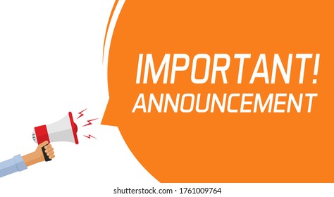 Attention important information message banner or caution alert notice announcement warning concept with megaphone and hand vector flat cartoon illustration, main news advertisement text