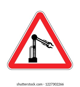 Attention Industrial robot. Caution Mechanical hand. Red road sign industrial technology Danger 
