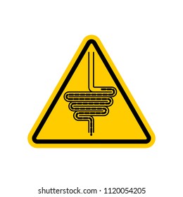 Attention Intestines. Yellow prohibitory triangular road sign. Caution Human gut.
 Vector illustration