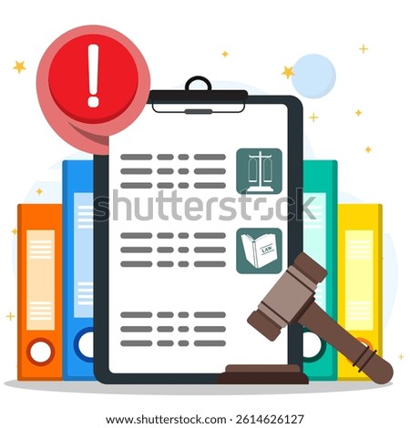 Attention for law procedure concept. Rules and regulations document on clipboard with gavel and folder files. Employee policies and guidelines, statutory provisions, company compliance. 