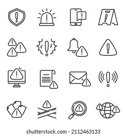 Ilustración vectorial de colección de iconos de línea de atención. Recordatorio de información importante de advertencia simple monocromo con punto de exclamación aislado. Notificación de alerta de logotipo peligroso lineal