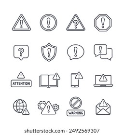 Attention line icons set. Caution, alert and warning signs with exclamation point. Editable stroke. Design element for app. Outline vector illustration collection isolated on white background