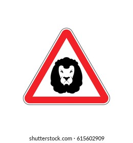 Attention Lion. on red triangle. Road sign Caution predator