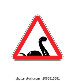 Attention Loch Ness monster. Caution Nessie. Red triangle road sign