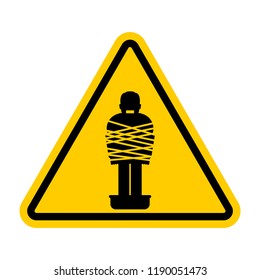 Attention Mafia victim. Caution gangster prey. Yellow road sign. Man tied up with rope Cement shoes. Warning Criminals
