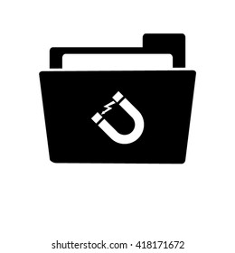 Attention magnet sign - white vector icon;  black folder