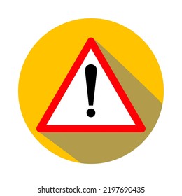Attention Mark icon in triangle with long shadow on yellow background.