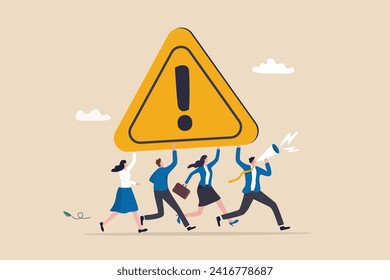 Attention message announcement, important communication or advertisement, beware warning, careful symbol or urgent notification concept, business people carrying attention sign with loud speaker.