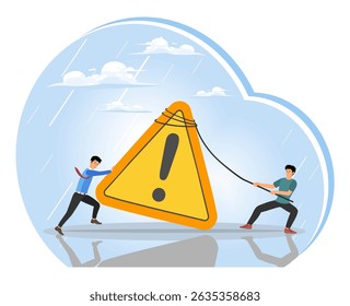 Mensagem de atenção, cuidado ou conceito de aviso de erro. Empresário empurrando sinal de atenção do triângulo de exclamação.