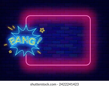 Attention neon advertising. Explosion with bang text and empty pink frame. Sale and party. Glowing greeting card. Copy space. Editing text. Vector stock illustration