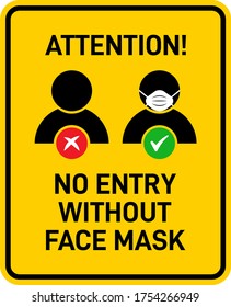 Attention No Entry Without Face Mask Sign. Prevention of COVID-19. Vector