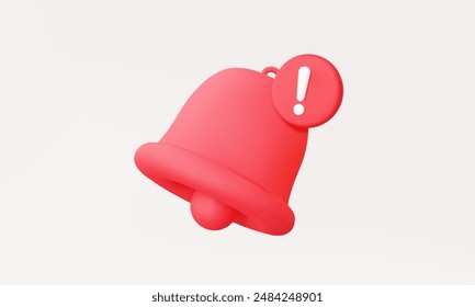 Attention notification bell red circle 3D vector icon with alert danger warning notice symbol isolated on pastel background. signal update website caution emergency error problem concept. 3d rendering