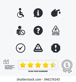 Attention notification icons. Question mark and information signs. Injury and disabled person symbols. Star vote ranking. Award achievement and quotes.