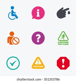 Attention notification icons. Question mark and information signs. Injury and disabled person symbols. Flat colored graphic icons.