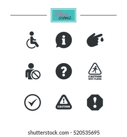 Attention notification icons. Question mark and information signs. Injury and disabled person symbols. Black flat icons. Classic design. Vector