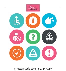 Attention notification icons. Question mark and information signs. Injury and disabled person symbols. Colorful flat buttons with icons. Vector