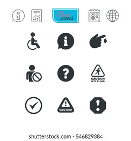 Attention notification icons. Question mark and information signs. Injury and disabled person symbols. Report document, calendar and information web icons. Vector