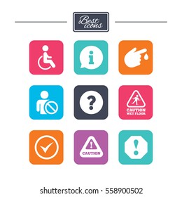 Attention notification icons. Question mark and information signs. Injury and disabled person symbols. Colorful flat square buttons with icons. Vector