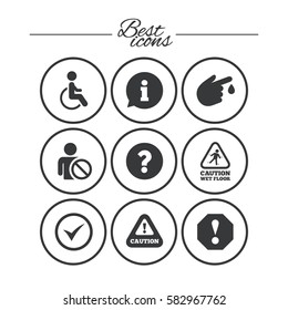 Attention notification icons. Question mark and information signs. Injury and disabled person symbols. Classic simple flat icons. Vector