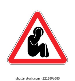 Aufmerksamkeitspanikzeichen. Kein Schrecklicher Mann, der den Kopf hält. Rotes Dreiecksstraßenschild.