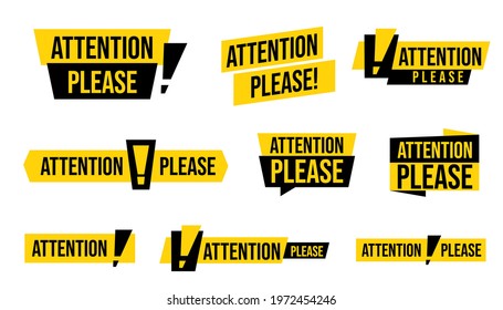 Attention please advertising badge sticker set. Important message, warning frame with exclamation point design. Important word, danger announcements information vector illustration isolated on white
