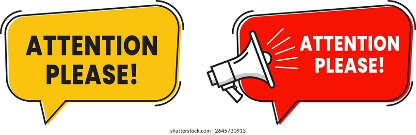 Attention Please Alert Message,  Dual ATTENTION PLEASE Yellow and Red Megaphone Banner for Alerts, Notices, or Website Popups, Urgent Message Visual Design Element