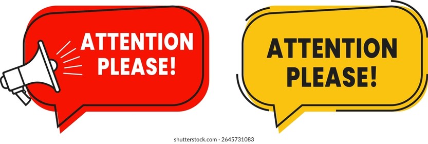 Attention Please! Alert Speech Bubble Red and Yellow ATTENTION PLEASE! Megaphone Alert Graphics for Website Popups, App Warnings, or Emergency Callouts – Loud Vector Notices